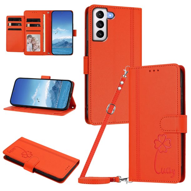 Funda Cartera Trébol para Samsung Galaxy S21 Plus con Ranuras Tarjetas y Carga Inalámbrica Naranja