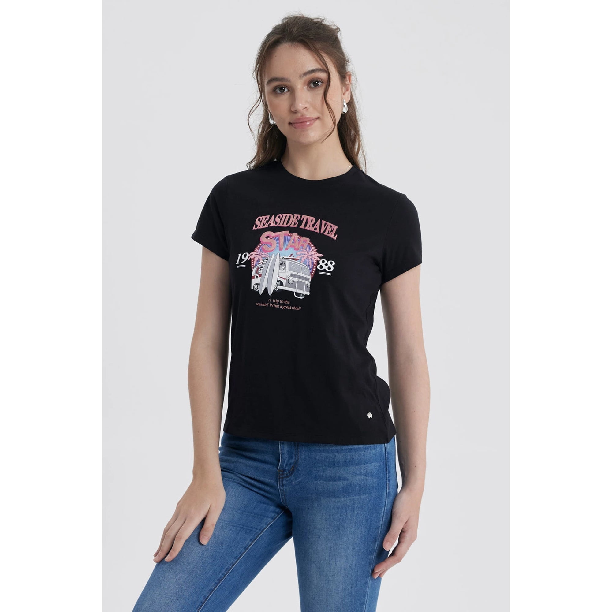 Fashionspark - Polera Mujer Básica Print Negro / Coral