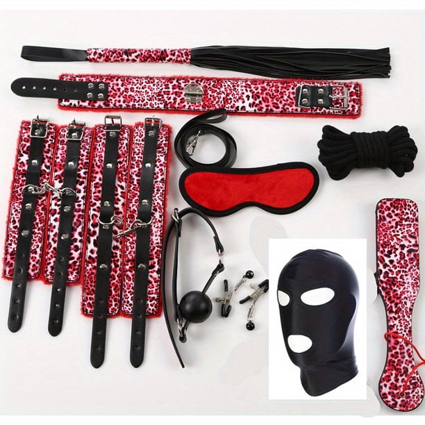 Sexy Leopard Pattern Leather Plush BDSM Bondage Set with Handcuffs, Whip, Nipple Clip, and Headgear - Adult Sex Game Accessories for Exploring Your Desires