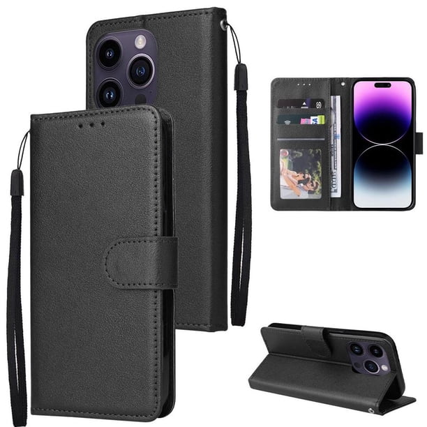 Funda Cartera para iPhone 14 Pro Max con Tarjetero, Soporte y Cordón - Protección Negro