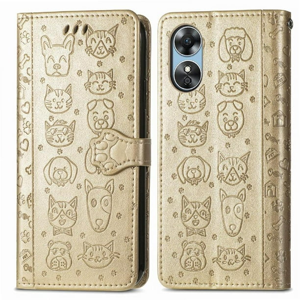 Funda Cartera FOXDOCK para OPPO A17 , Flip PU con Relieve de Gatos y Perros, Tarjetero y Soporte