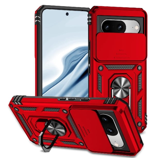 Funda Resistente Anillo Soporte Google Pixel 8 Privacidad Cámara Montaje Magnético Rojo