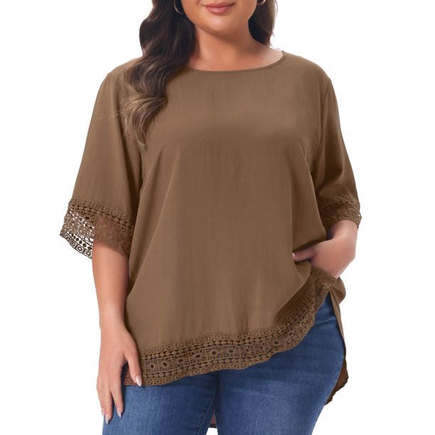 Agnes Orinda Blusas Casuales de Manga Corta con Cuello Redondo y Encaje para Mujer de Talla Grande 4X Caqui Oscuro