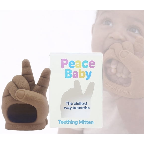 Mordedera tipo manopla Teasin' Teethers con diseño de signo de paz de silicona