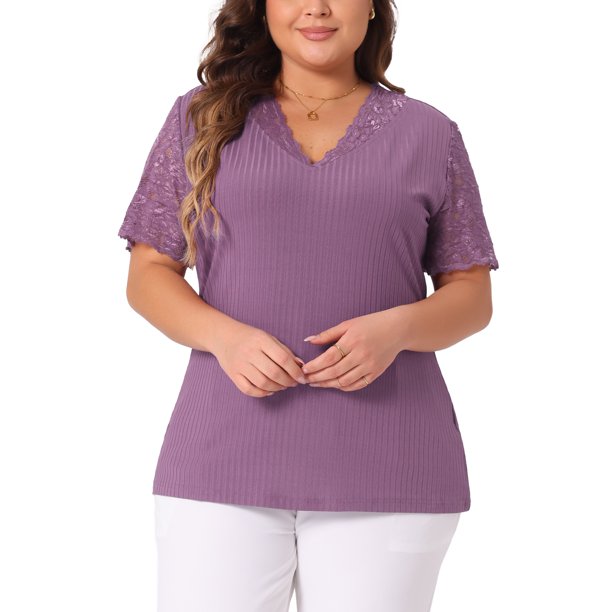Agnes Orinda Blusa de Punto Acanalado Elegante de Primavera Verano con Cuello en V y Encaje de Manga Corta para Mujer de Talla Grande 2X Púrpura