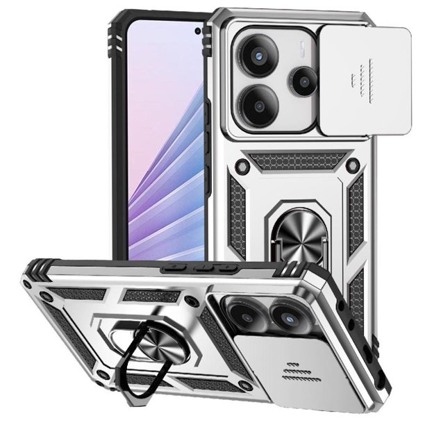 Funda Resistente Anillo Soporte Xiaomi Note 14 4G Privacidad Cámara Montaje Magnético Plata