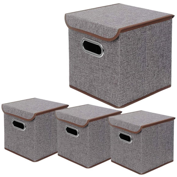 Papelera de lino beige con tapa, 25 x 25 x 25 cm, juego de 4