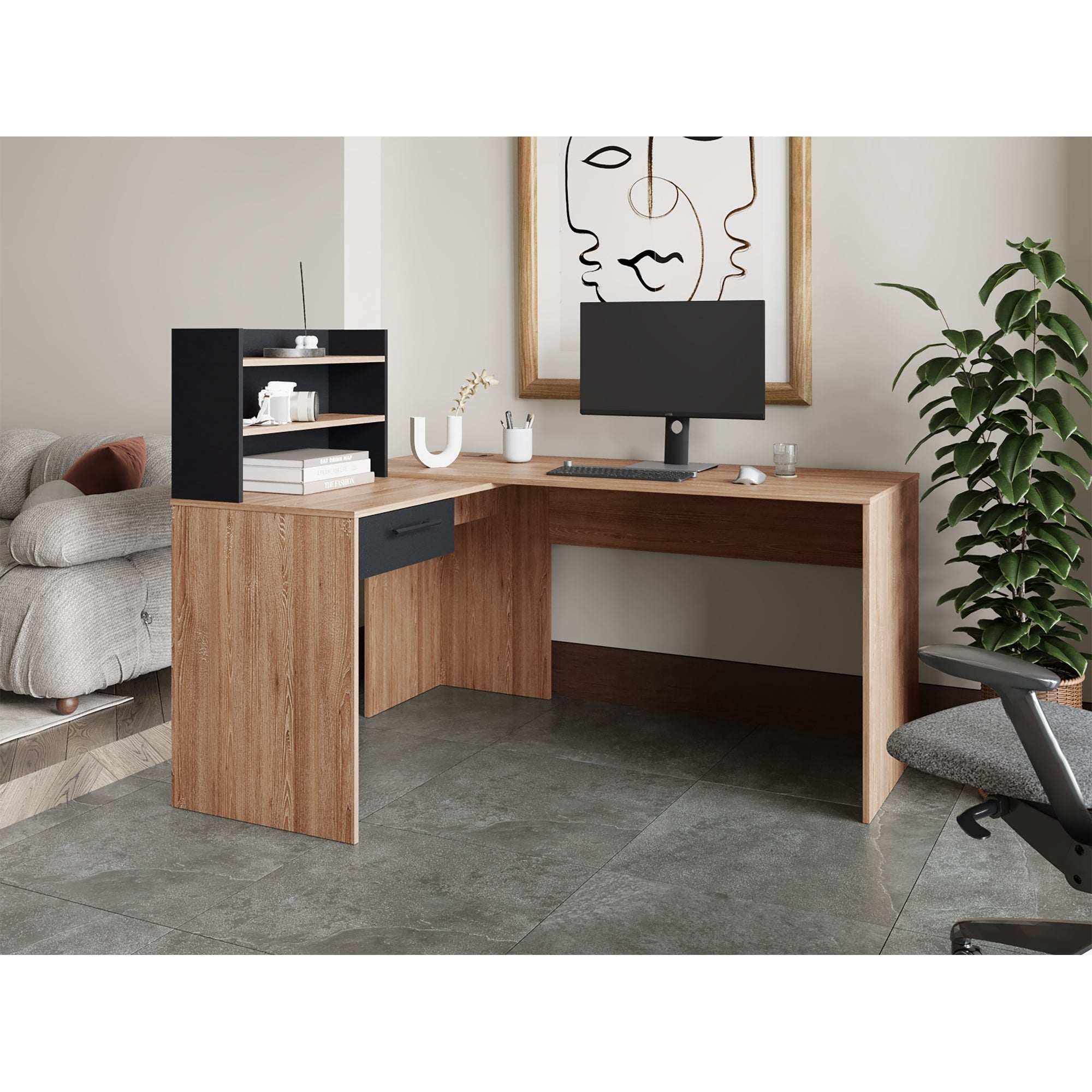 Tuhome - Escritorio En L Bilbao Miel Y Wengue 113,2x121,8x150 Cm