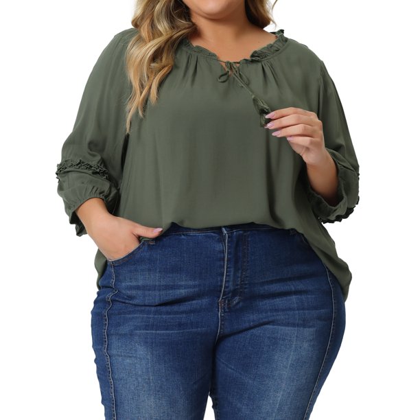 Agnes Orinda Conjuntos de Halloween para Mujeres Tallas Grandes Blusas con Flecos y Lazo en el Cuello en V Mangas 3/4 3X Verde Militar
