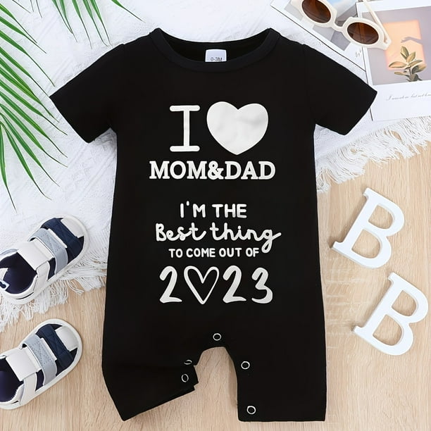 Baby Boys And Girls Casual "I Love My Mom & Dad" Printed Short Sleeve Romper, Cute Cotton Comfy Jumpsuit Clothes