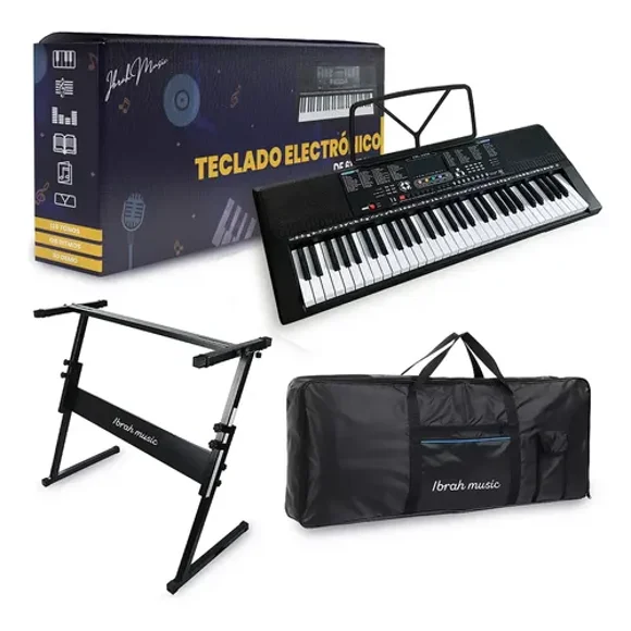 Teclado Musical 61 Teclas Ibrah Piano + Funda + Atril Negro