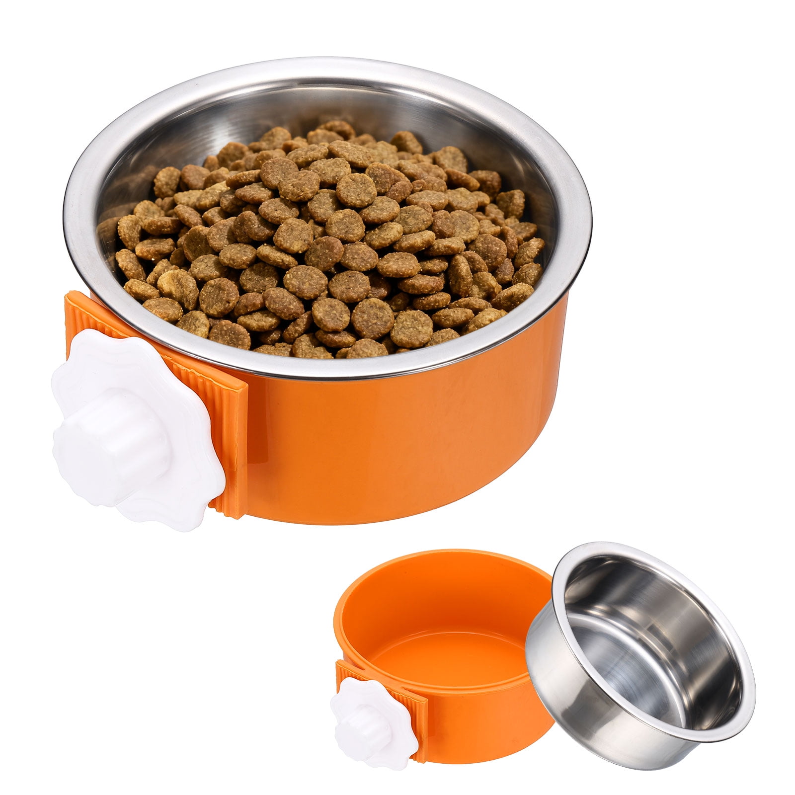 Uxcell Cuenco para Jaula de Perro, Comedero de Agua y Comida Antivuelco de Acero Inoxidable Desmontable para Jaula de Mascotas (Redondo, Naranja, 13.2oz), Destinado para Cachorros/Gato/Conejo/Pájaro