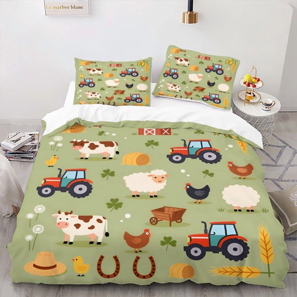 2D Flat Print Farm Animals And Tractors Green Background Bedding | Includes 1 Duvet Cover And 1/2 Pillowcases Soft Comfortable And Breathable Polyester Fabric M