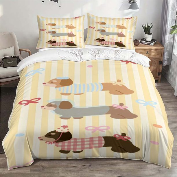 Cartoon Puppy Bedding Set with Warm Illustrations Featuring Three Different Outfits. Soft and Comfortable