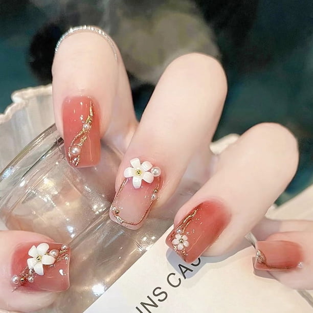 Short Press On Nails Square Glue On Nails Camellia Pink Fake Nails Acrylic Glossy Full Cover False Nails For Women