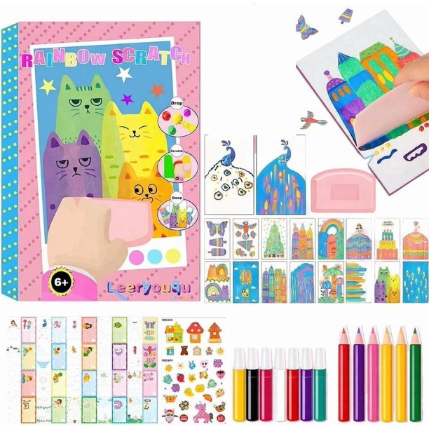 Kit arte arcoíris exprimir papel mágico raspar set bricolaje postales pintura espátula