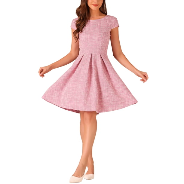 Vestido de tweed a cuadros INSPIRE CHIC para mujer con cuello redondo y manga corta, vestido vintage de línea A con pliegues L Blanco Rosa