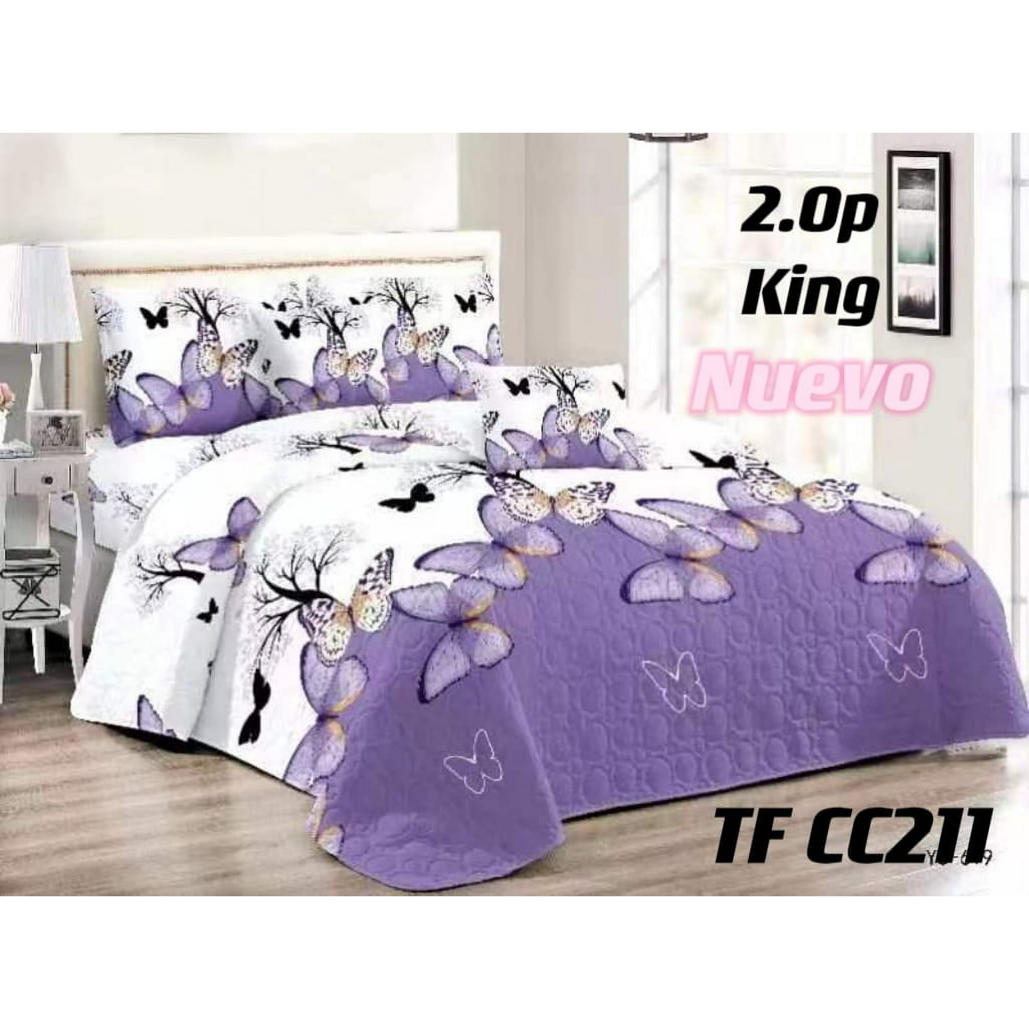 Aladdins Shop - Cobertor De Verano Tipo Quilt Tamaño 2 Plazas Diseño Lila Con Blanco Y Mariposas