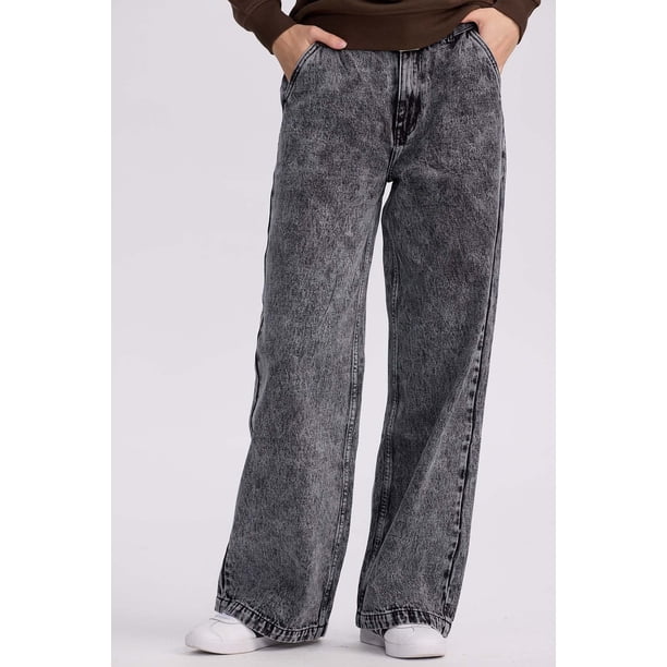 Jeans Mujer Wide Leg Cinturón Gris Oscuro