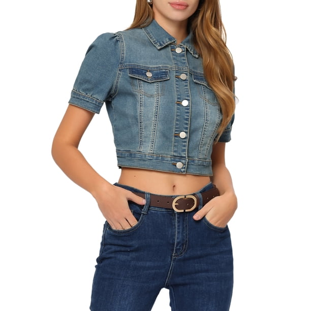 INSPIRE CHIC Chaquetas Casual para Mujer Chaqueta de Mezclilla Recortada con Botones y Mangas Abullonadas M Azul