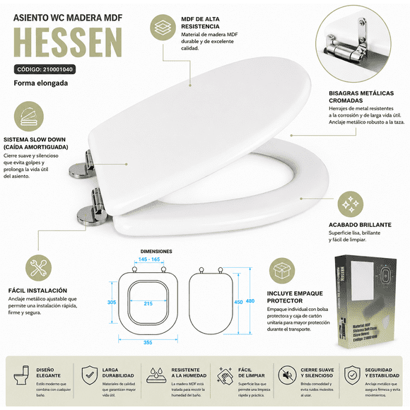 Asiento Tapa WC Elongado De Madera Con bisagras Metalica y Cierre Sueve Modelo Hessen Marca Taumm