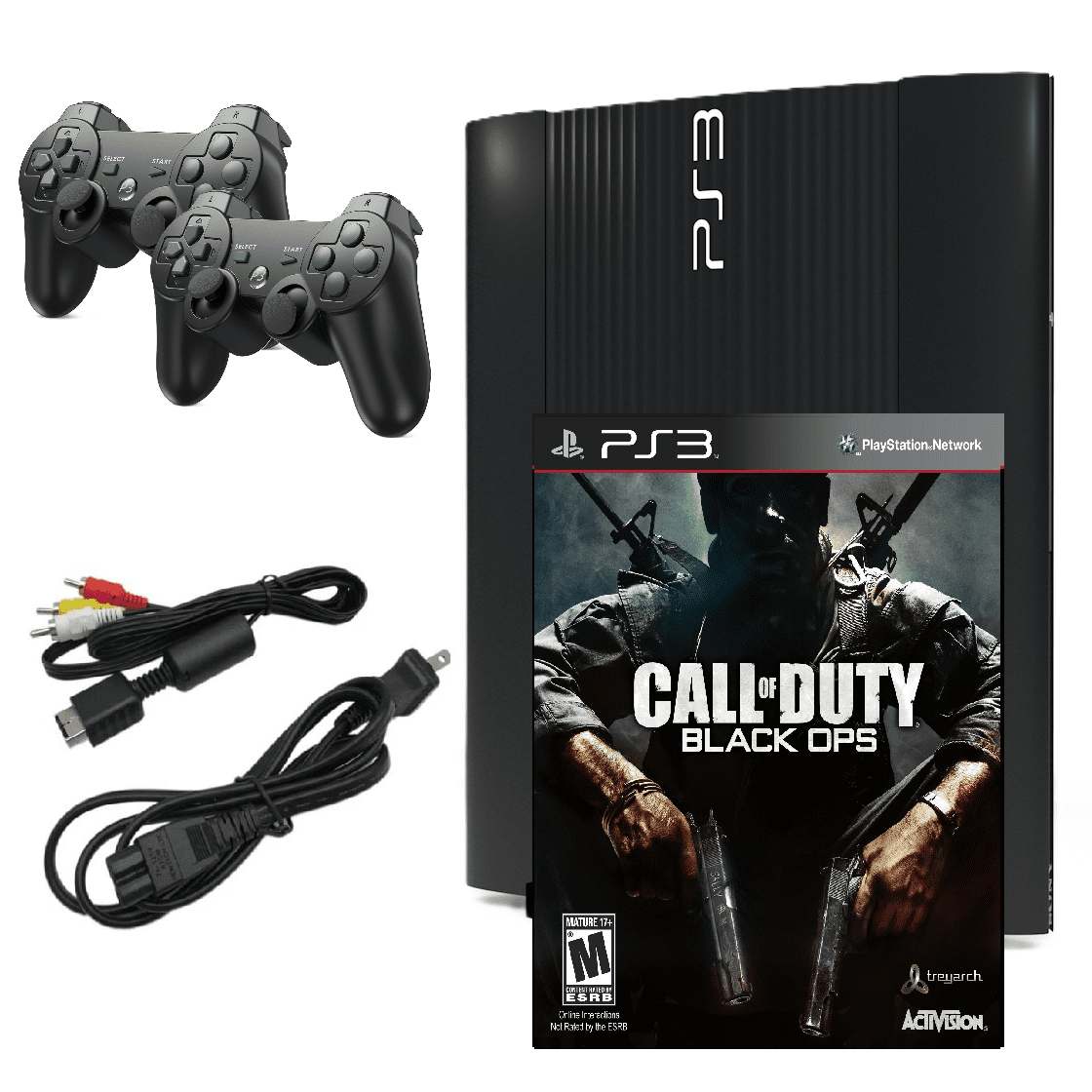 Restored Sony Playstation 3 Ps3 Console Super Slim 250gb Black With Call Of Duty Black Ops & Two Retrofam Controllers (refurbished)