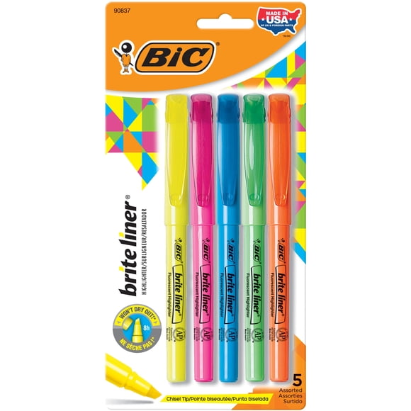 Iluminador BIC Brite Liner con punta cincelada, 5 unidades, colores surtidos