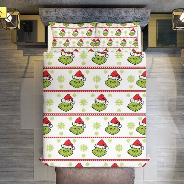 Christmas Grinch Snowflakes Dots 3 Pieces Duvet Cover Set Full Size Super Soft Fade Resistant Microfiber