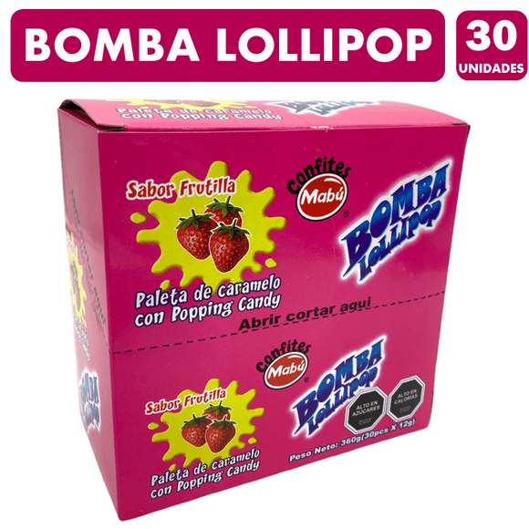 Dulces Bomba Lollipop - Sabor Frutilla Mabú (Caja Con 30 Un)