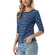 thumbnail image 4 of INSPIRE CHIC Camiseta Básica de Mujer con Mangas al Codo Cuello Redondo Ajustada Casual Impresa para Regreso a Clases Azul Polvoriento a Rayas XL, 4 of 6