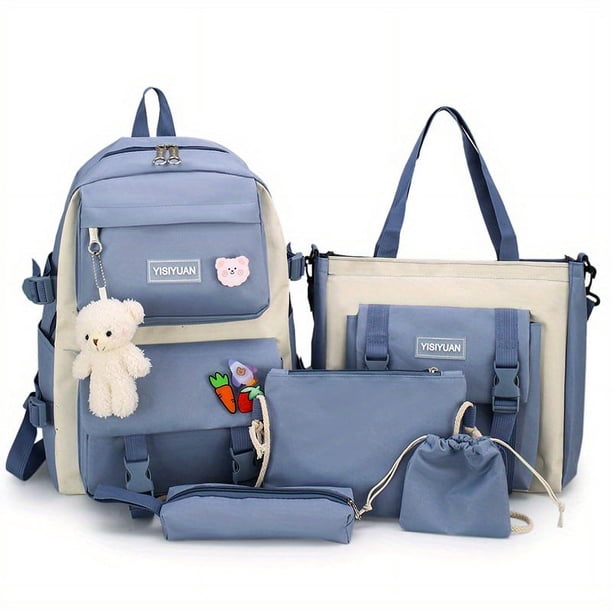 Cute & Stylish Large Capacity Backpack with Bear Pendant, Handbag, Shoulder Bag & Pencil Bag