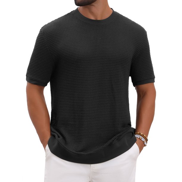 INSPIRE CHIC Camisetas de Punto Casual de Manga Corta con Cuello Redondo y Textura de Waffle para Hombre M Negro