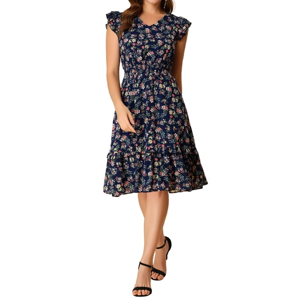 Vestido Floral de Mujer INSPIRE CHIC con Mangas con Volantes, Escote en V, Fruncido, Volantes, Vestidos Casuales Azul Marino S