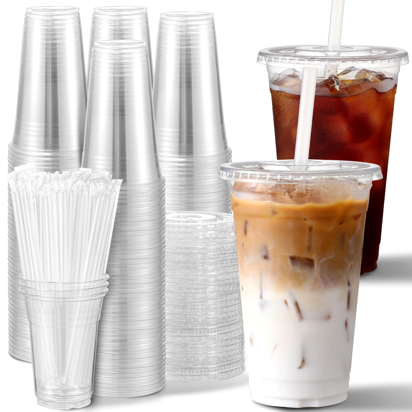 Aozita - Vasos De Plástico De 16 Onzas Con Tapas Y Pajitas Paquete De 100