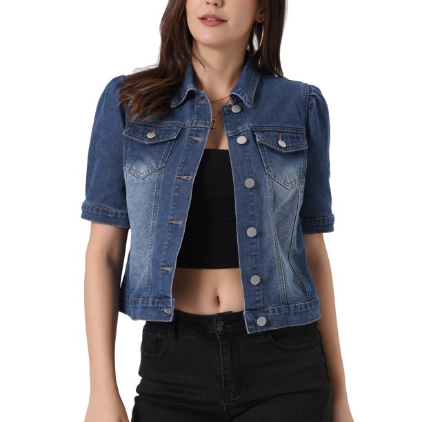 INSPIRE CHIC Chaqueta de Mezclilla para Mujer de Regreso a Clases con Mangas Cortas Abullonadas y Cuello Vuelto Azul M
