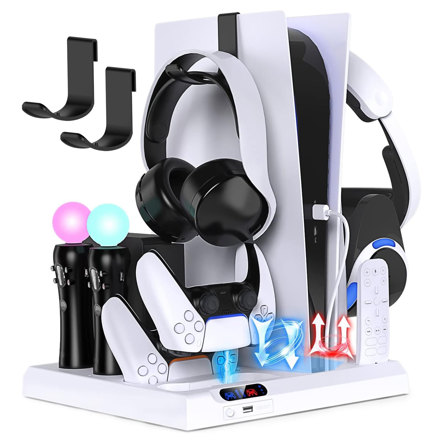 Genérico - Soporte Vertical Para Ps5 Con Ventilador De Enfriamiento Y Estación De Carga Para Controladores, Base De Carga Para Psvr, Organizador De Almacenamiento De Juegos Con Ranura Para Control Remoto