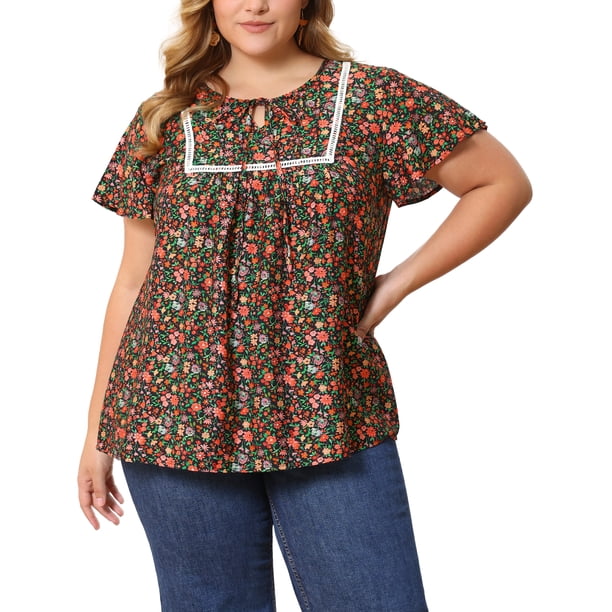 GRACE & GRANDEUR Blusa de Talla Grande para Mujeres con Estampado Floral de Pascua, Pliegues en el Frente, Cuello con Lazo, Mangas con Volantes, Blusas de Verano para Vacaciones 1X Negro