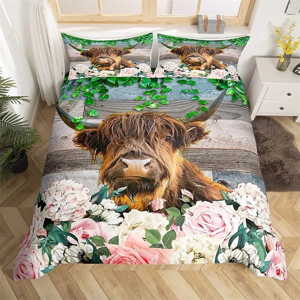 Polyester Duvet Cover Set with Pillowcase for Teens and Adults Highland Cow Pattern and Animals Pattern