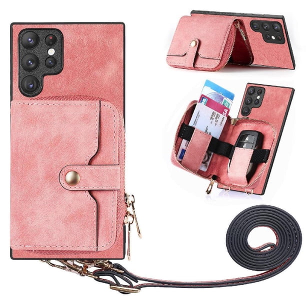 Funda Tipo Cartera con Correa Cruzada para Samsung Galaxy S22 Ultra Protección Contra Golpes Rosa