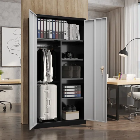 Recilock - Armario Metalico 2 Puertas Con Repisas Y Barra Colgar - Linea Black & Gray Fc-05