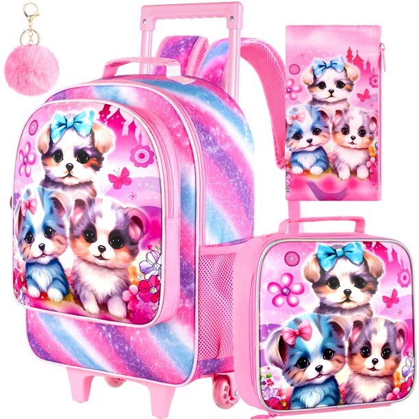 3PCS Rolling Backpack for Girls, Kids Roller Wheels Bookbag, Wheeled Elementary School Bag with Lunch Bag - Dog