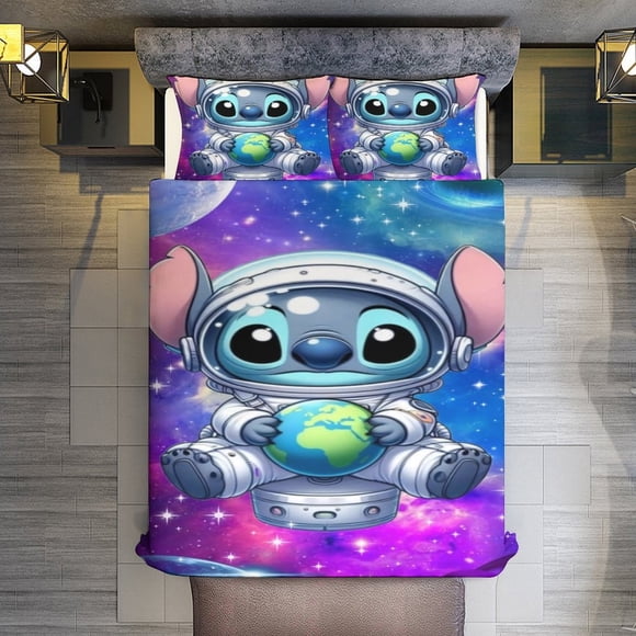3 Pieces Lilo and Stitch in Space Bedding Comforter Set Full with 2 Pillowcases for Kids Teens Girls Women Microfiber Easy Wash Light Breathable Cozy White Base Bed Sheets