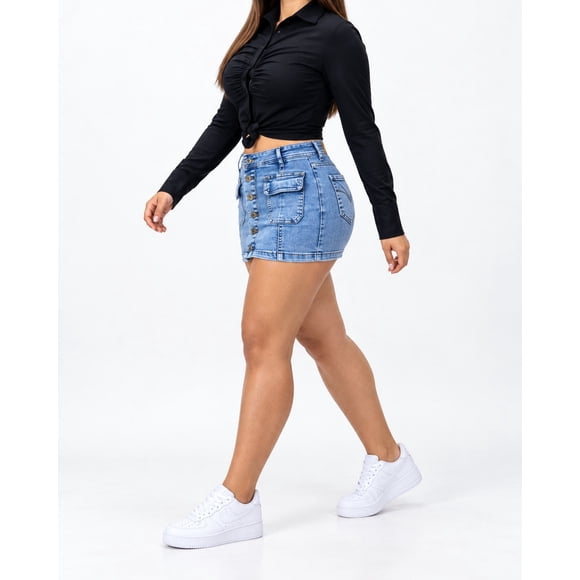 Mini Falda Short Azul Algodón Poliéster Tiro Medio