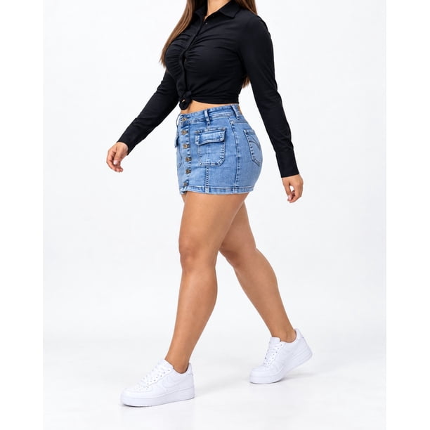 Mini Falda Short Azul Algodón Poliéster Tiro Medio