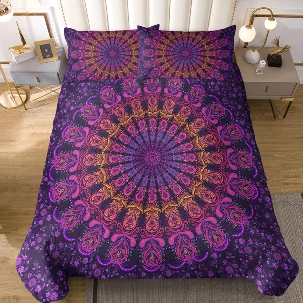 Purple Mandala Bedding Set Boho Duvet Cover Set 3 Piece Bohemian Comforter Cover with 2 Pillowcases