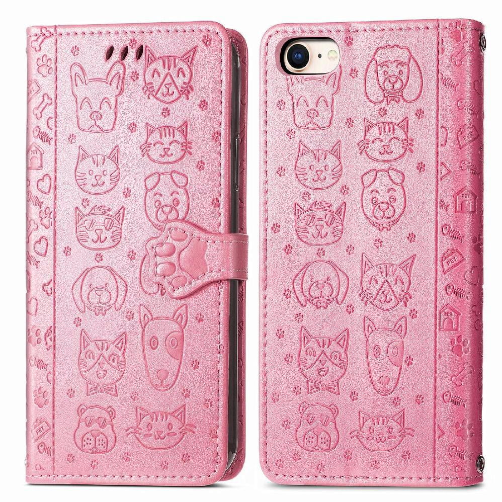 Funda Cartera Foxdock Para Iphone 8/7 , Flip Pu Con Relieve De Gatos Y Perros, Tarjetero Y Soporte