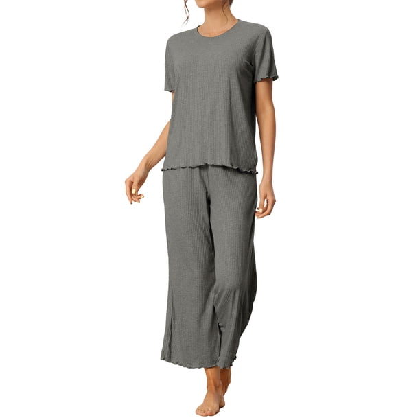 INSPIRE CHIC Conjunto de Pijama de Mujer Acanalado de Manga Corta Modal con Puños Volantes y Pantalones de Descanso Suaves S Gris Oscuro