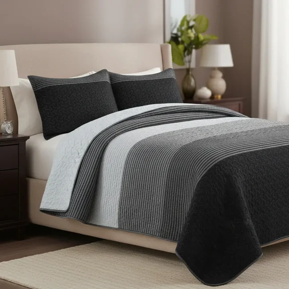 Cubrecama Quilt Sherpa 2pl Negro Gris Y Blanco Diseño A Franjas Horizontales