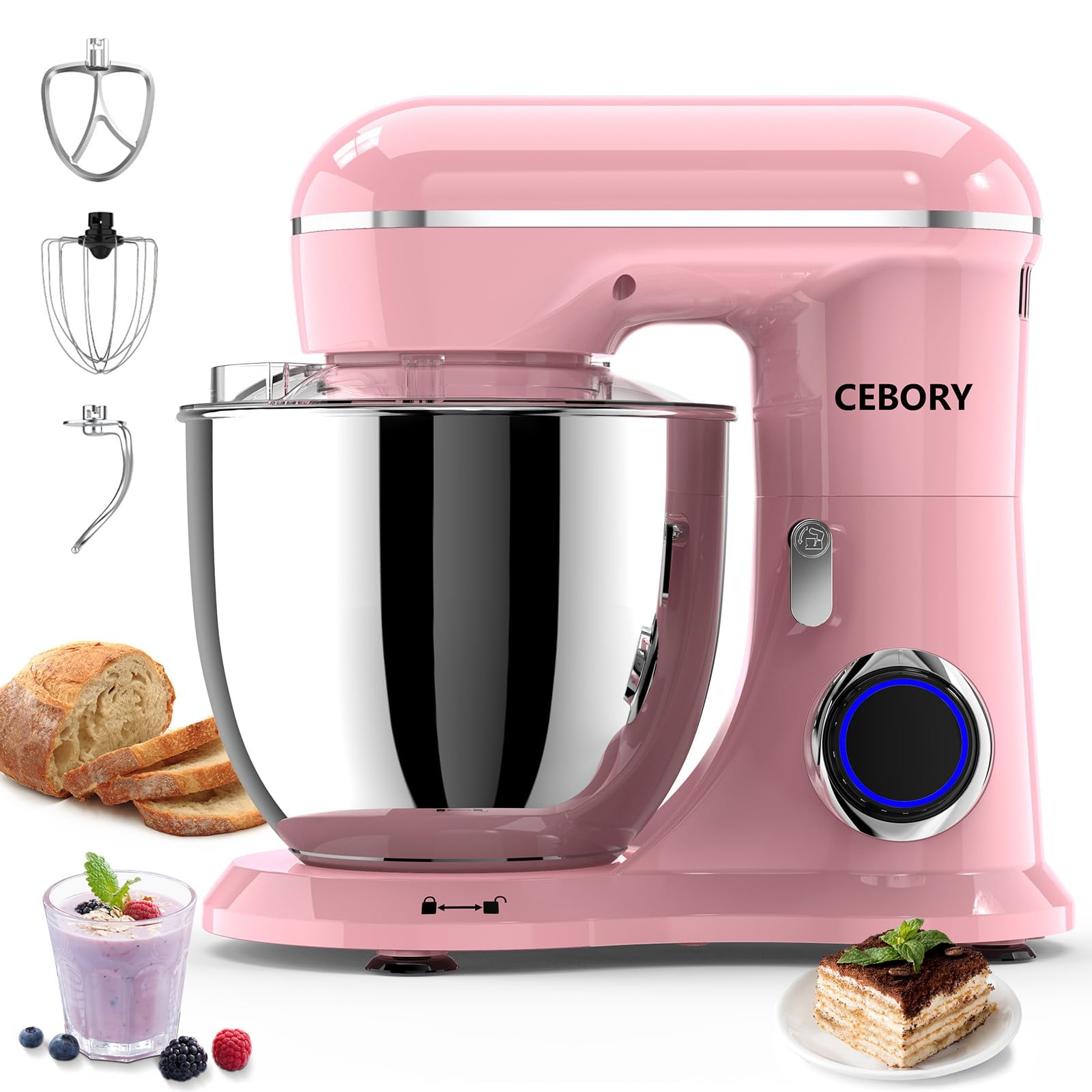 Cebory - Batidora De Pie 3 En 1 6 5 L 660 W 10 Velocidades Con Gancho Para Amasar Rosa