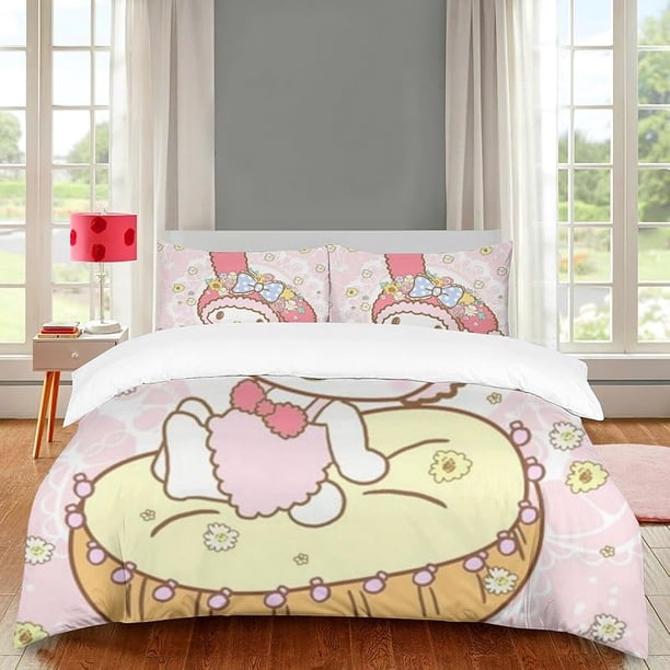 DIEZ The Girls My Bunny Melody Theme Bedding Set3 Piece 3D Melody Flowers Printed Breathable Durable Microfiber Comforter SetGifts for Boys and Girls Twin